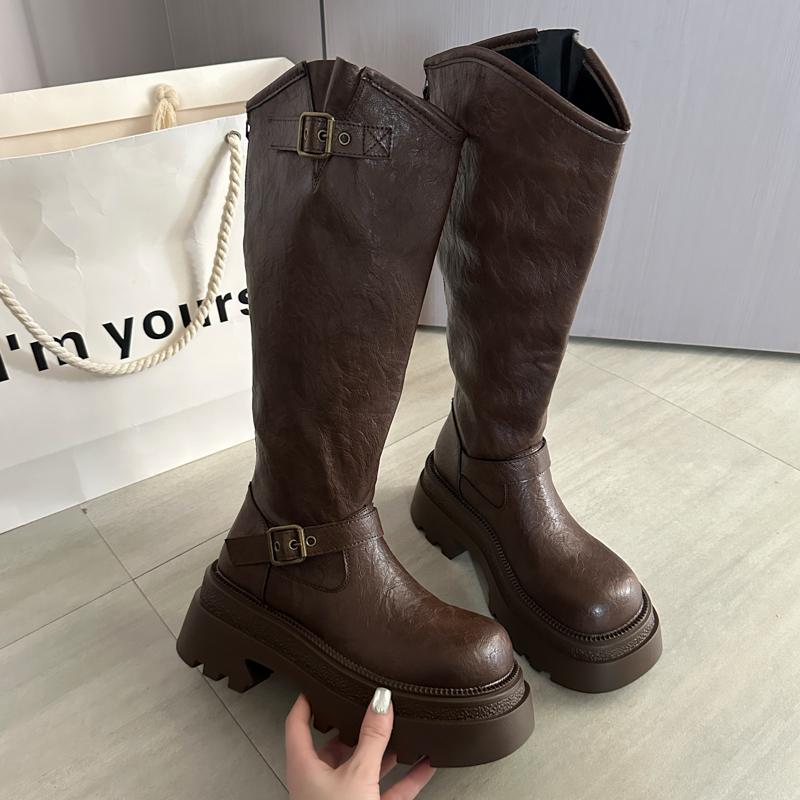 Winter Platform Height Increase Woman Knight High Boots Fashion Belt Buckle Back Zippers Shoes Ladies Punk Modern Long Botas
