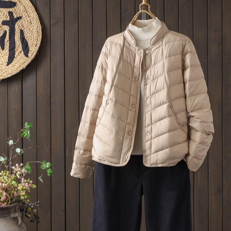 Stand-up Collar Thin Down Jacket Women's Autumn and Winter New Loose Warm White Duck Down Light Literary and Retro Coat