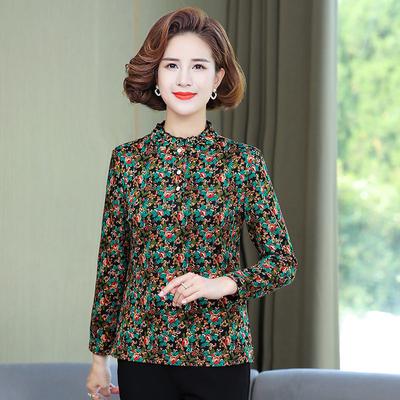 Tricou cu mânecă lungă de primăvară și toamnă pentru femei Stil nou Top mărime mare pentru mame de vârstă mijlocie Tricou de bază floral cu guler semi-înalt imprimat