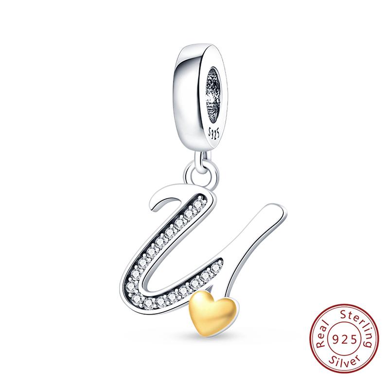 Classic Copper 26 Gold Color Heart Zircon Letter A-Z Charms Beads Fit Original Bracelets Diy Birthday Jewelry Gift