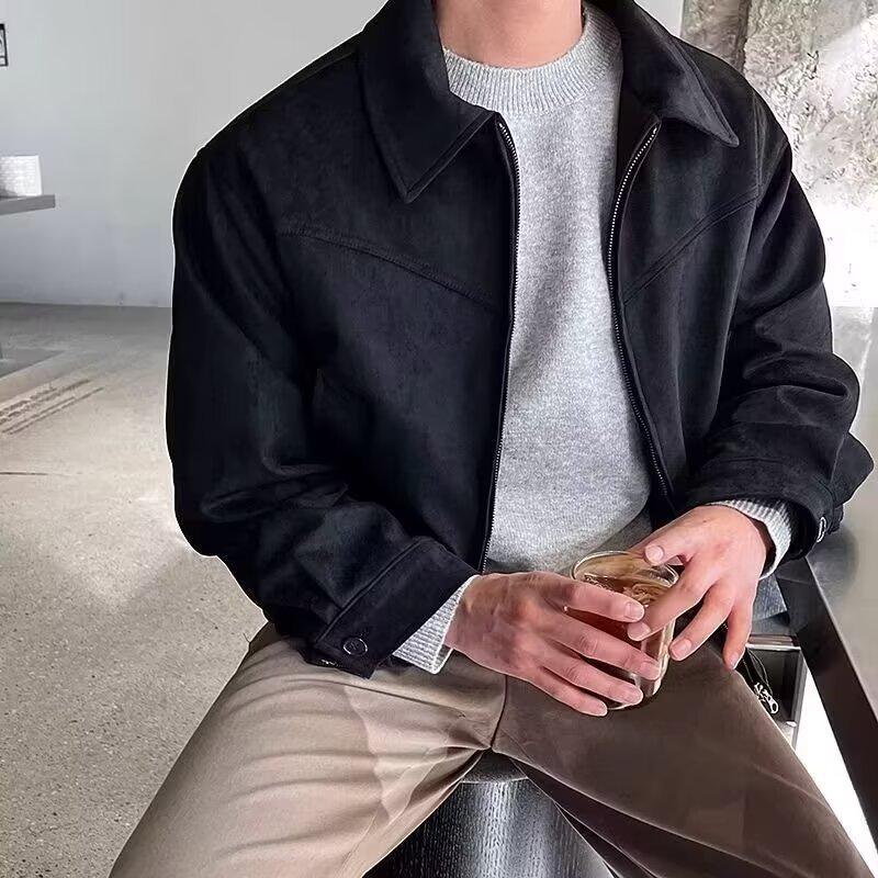 Korean Men's Suede Lapel Zipper Jacket - Autumn/Winter Hong Kong Style Trend