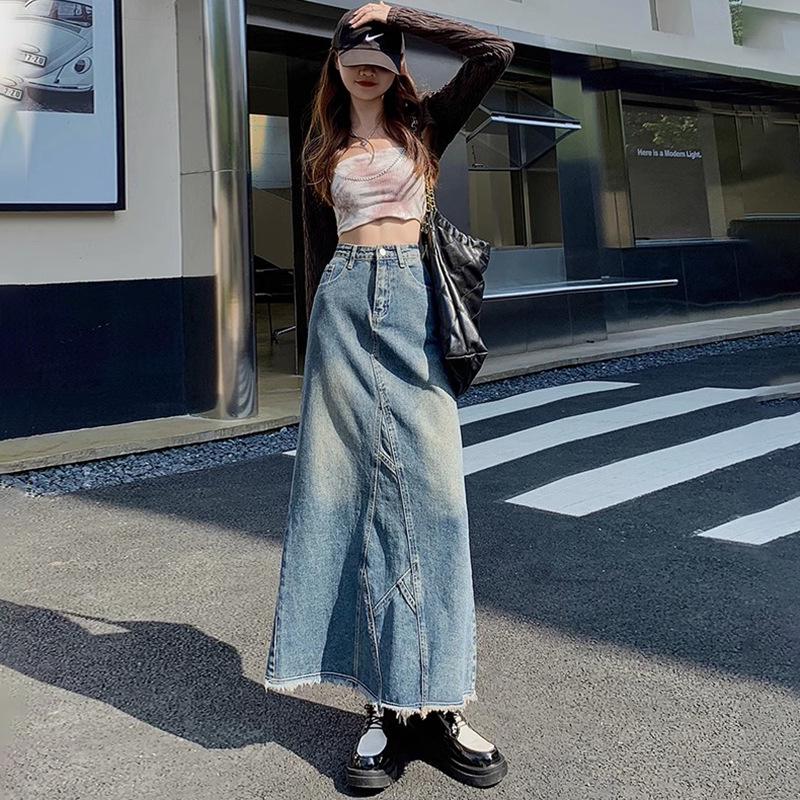 Spring 2025 High-Waist Denim Fishtail Midi Skirt: Trendy Slimming Hip Skirt for Women