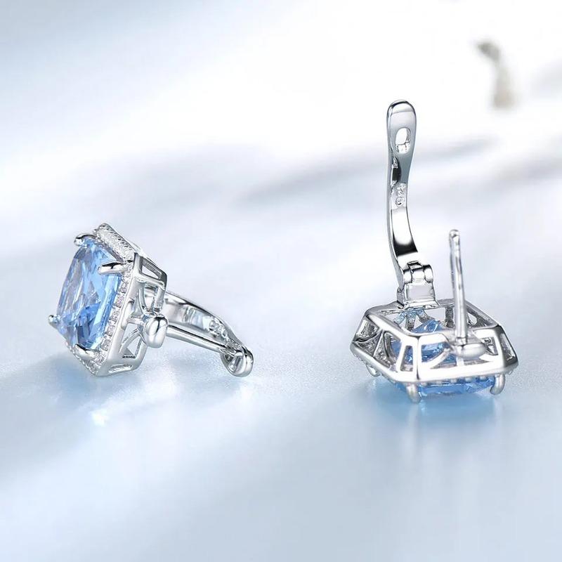 925 Sterling Silver Luxury Nano Sky Blue Topaz  Emerald Gemstone Clip On Earrings Earrings For Women Birthday Fine Jewelry Gift