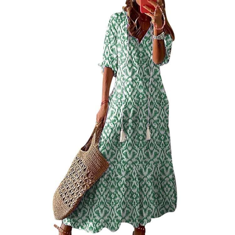 Damen Böhmisches Sommer Strand Swing Maxi Kleid V-Ausschnitt Lang Locker Sonnenkleid Reise