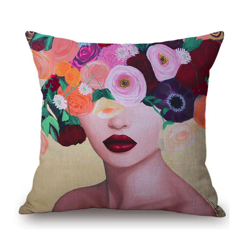 Modern Flower Head Girl Oil Painting Art Cotton Linen Sofa Throw Pillow Case Fashion Floral Lady Decoration Cushion Cover