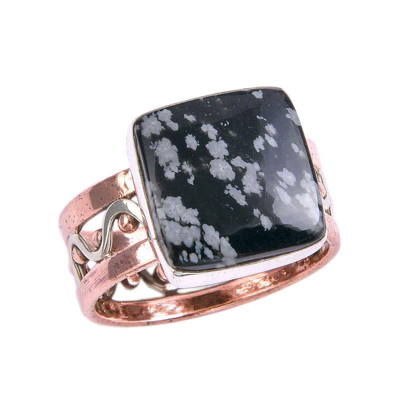 Natürlicher Schneeflocken-Obsidian Edelstein Zweifarbig 925 Sterlingsilber Ring Gr.8 O6S72