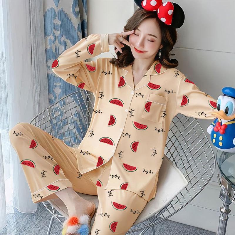 Spring And Autumn Pajamas Women'S Cardigan Long-Sleeved Trousers Korean Girls' Simple Cartoon Loungewear Suit Can Be Worn Outside