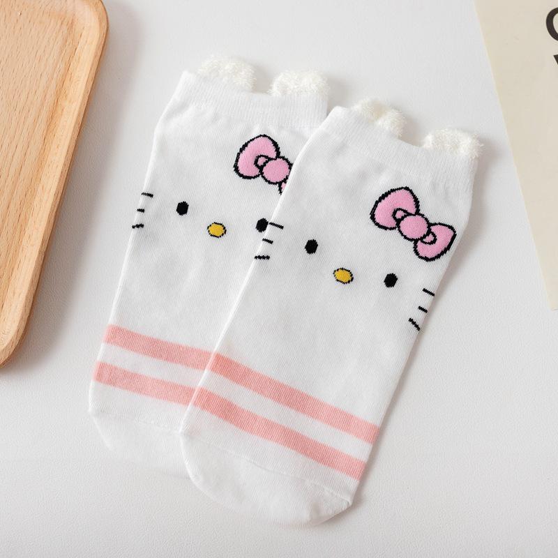 Women's Blue Fat Cat Cartoon Socks – Cute 3D Ears, Feather Yarn, All Cotton, Low-Cut Boat Style