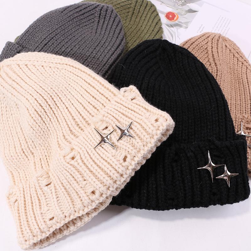 Hat Men and Women Stars Ripped Wool Hat Japanese Pointed Knit Hat Autumn and Winter Warm Pullover Cold Hat