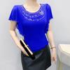Summer New Elegant O-Neck Short Sleeved Mesh T-shirt Fashion Ruffles Hot Diamonds Women's Tees Chic Butterfly Sleeve Casual Tops