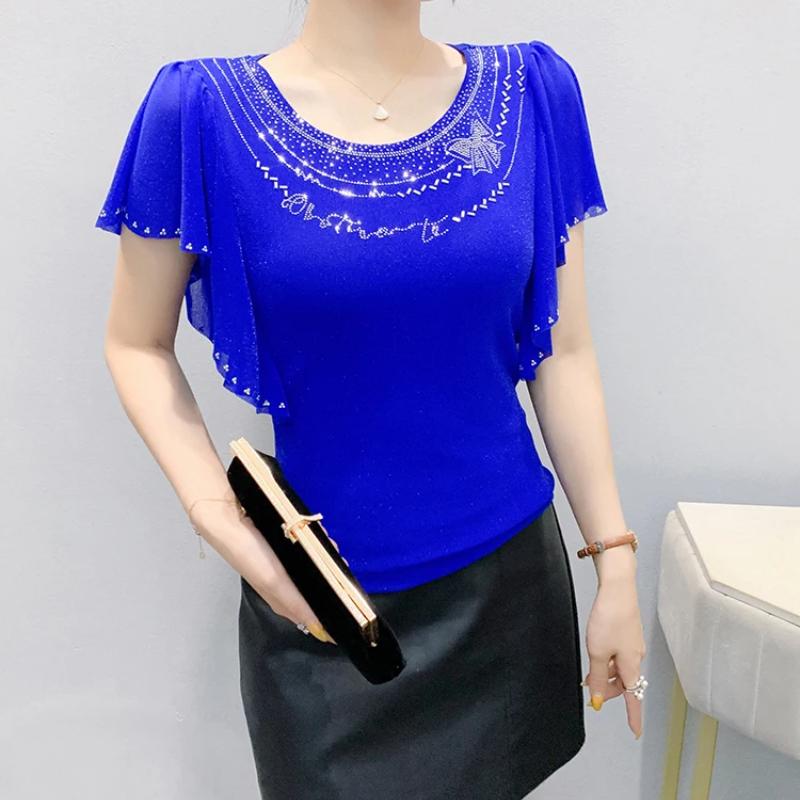 Summer New Elegant O-Neck Short Sleeved Mesh T-shirt Fashion Ruffles Hot Diamonds Women's Tees Chic Butterfly Sleeve Casual Tops