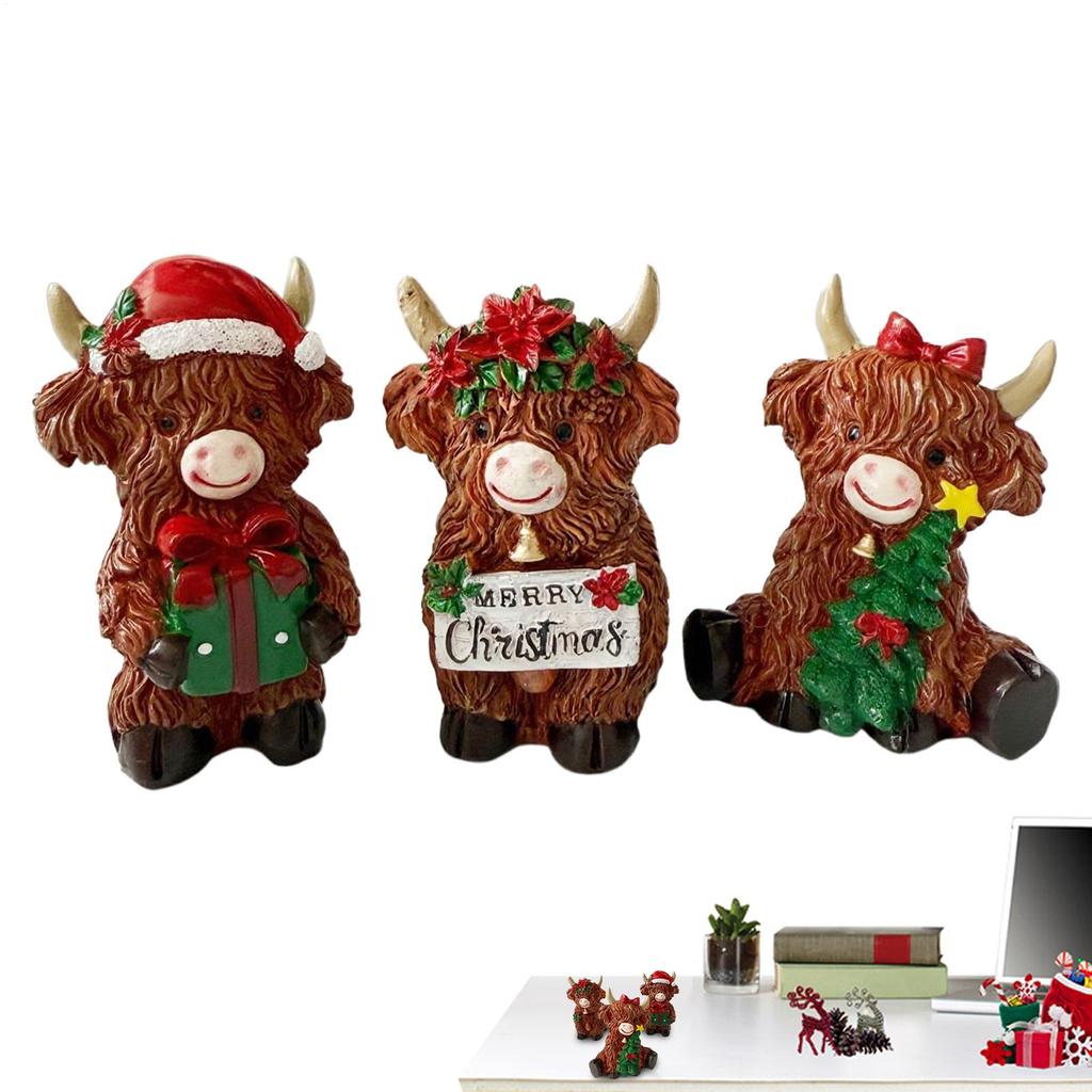 3pcs Christmas Highland Cattle Statues Cute Highland Cow Resin Sculpture Decorations Accessories Christmas Gifts