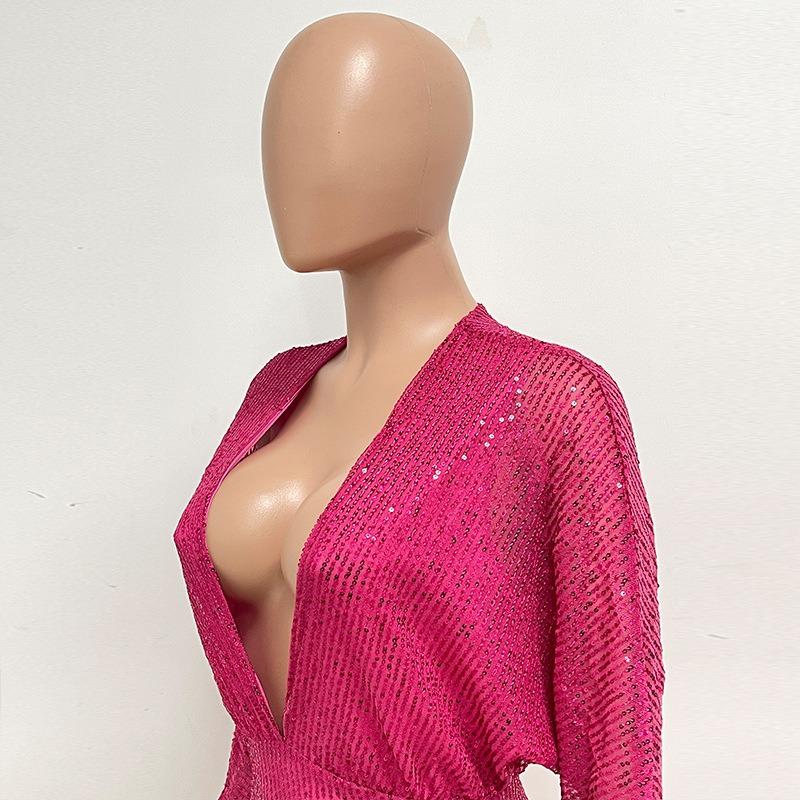 Dress Summer Women's Deep V Backless Cutout Dress Long-sleeved Sequin Hip Wrap Dress