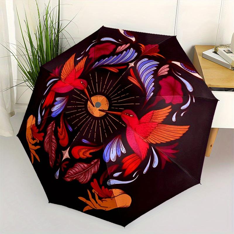 1pc Hummingbird Floral Automatic Open/close Folding Compact Umbrella, 8-Rib Sturdy Canopy, Lightweight Portable, Everyday Use, Gift, Outdoor Umbrella,
