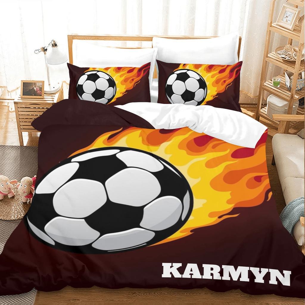 Name Soccer Duvet Cover For Boys Teens Blue Flame Soccer Bedding Collection Personalized Sports Comforter Cover Bedroom Decor