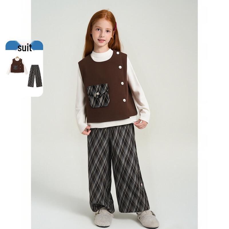 Girls  High-Waist Plaid Vest & Wide-Leg Pants Set 150
