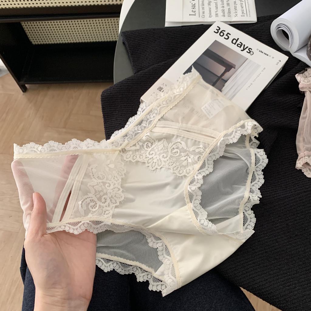 Ladies Summer Light Luxury Satin Sexy Lace Pure Desire Wind Hollow Mesh Yarn Antibacterial Crotch Breathable Briefs