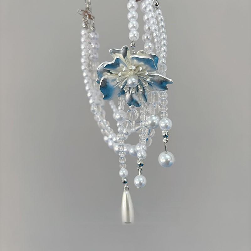 French Light Luxury White Flower Pearl Crystal Fringed Necklace Niche Design Collarbone Chain Temperament Small Fragrant Neck Chain