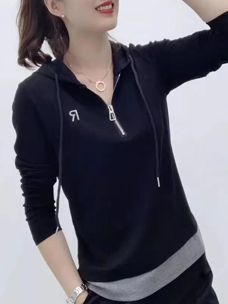 Half-zipper Hooded Long-sleeved Foreign-style Spring and Autumn Top Splicing Color Fake Two-piece T-shirt Women