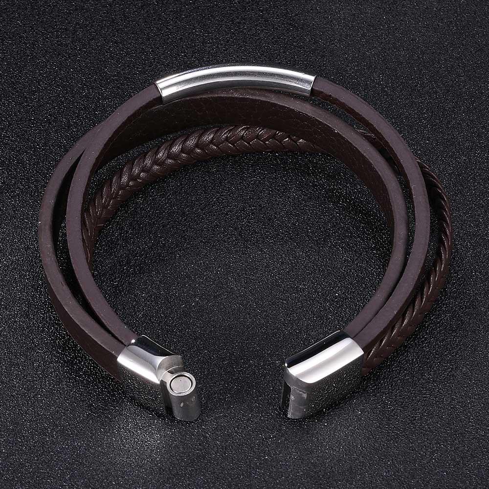 Men's Trendy Stainless Steel Multilayer Leather Magnetic Buckle Bracelet