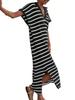 Women's Striped Knit Maxi Dress V Neck Collar Short Sleeve High Slit Beach Dress Plus Size
