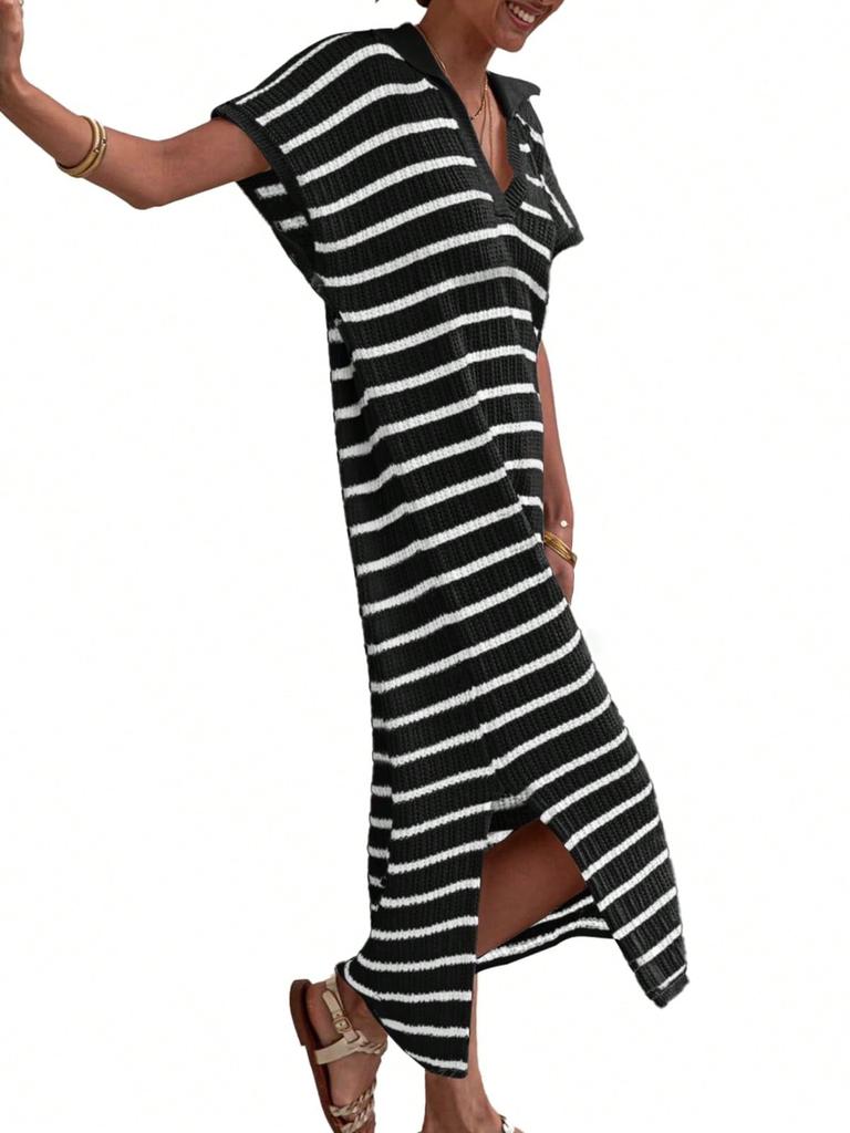 Women's Striped Knit Maxi Dress V Neck Collar Short Sleeve High Slit Beach Dress Plus Size