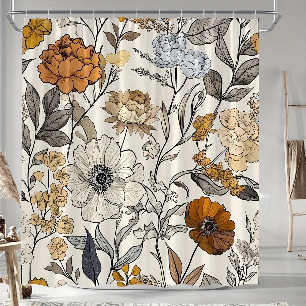 ~O~Retro Floral Shower Curtain - Bohemian Style, Polyester, 70.8x70.8In, Includes Hooks, Bathtub & Bathroom Decor