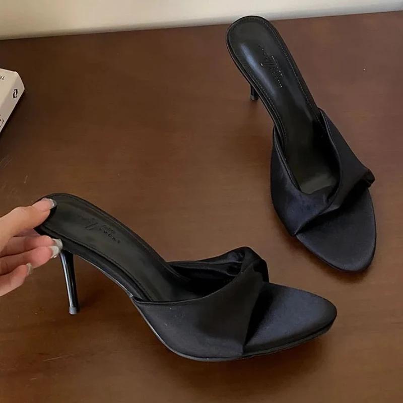 Vysoce kvalitní saténové pantofle na vysokém podpatku Dámské Letní Sexy Sandály s otevřenou špičkou Elegantní Společenské šaty Tenké lodičky Sandalias