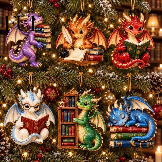 Creative Holiday Ornament for Garden Bookish Dragon Ornament, Fantasy Book Dragons Christmas Hanging Whimsical Decor Bookshelf Decoration, Acrylic