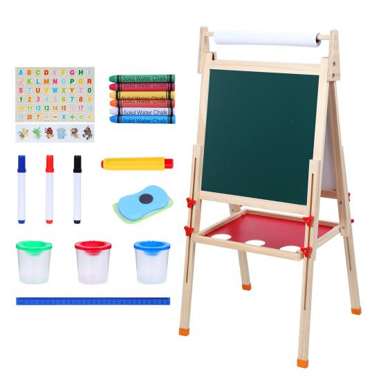 Kids Easel, Toddlers Art Easel, Wooden Kid Easel with Paper Roll, Height Adjustable Magnetic Double Sided Easel, Kids Dry Erase Board