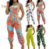 Women Jumpsuit Sleeveless Color Matching Printed Lace-up Bow Cross Back Pockets Ankle-banded Backless High Waist Lady Commute Party