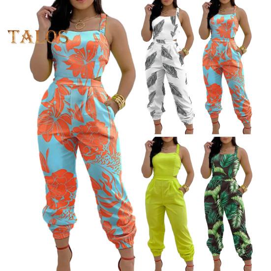 Women Jumpsuit Sleeveless Color Matching Printed Lace-up Bow Cross Back Pockets Ankle-banded Backless High Waist Lady Commute Party