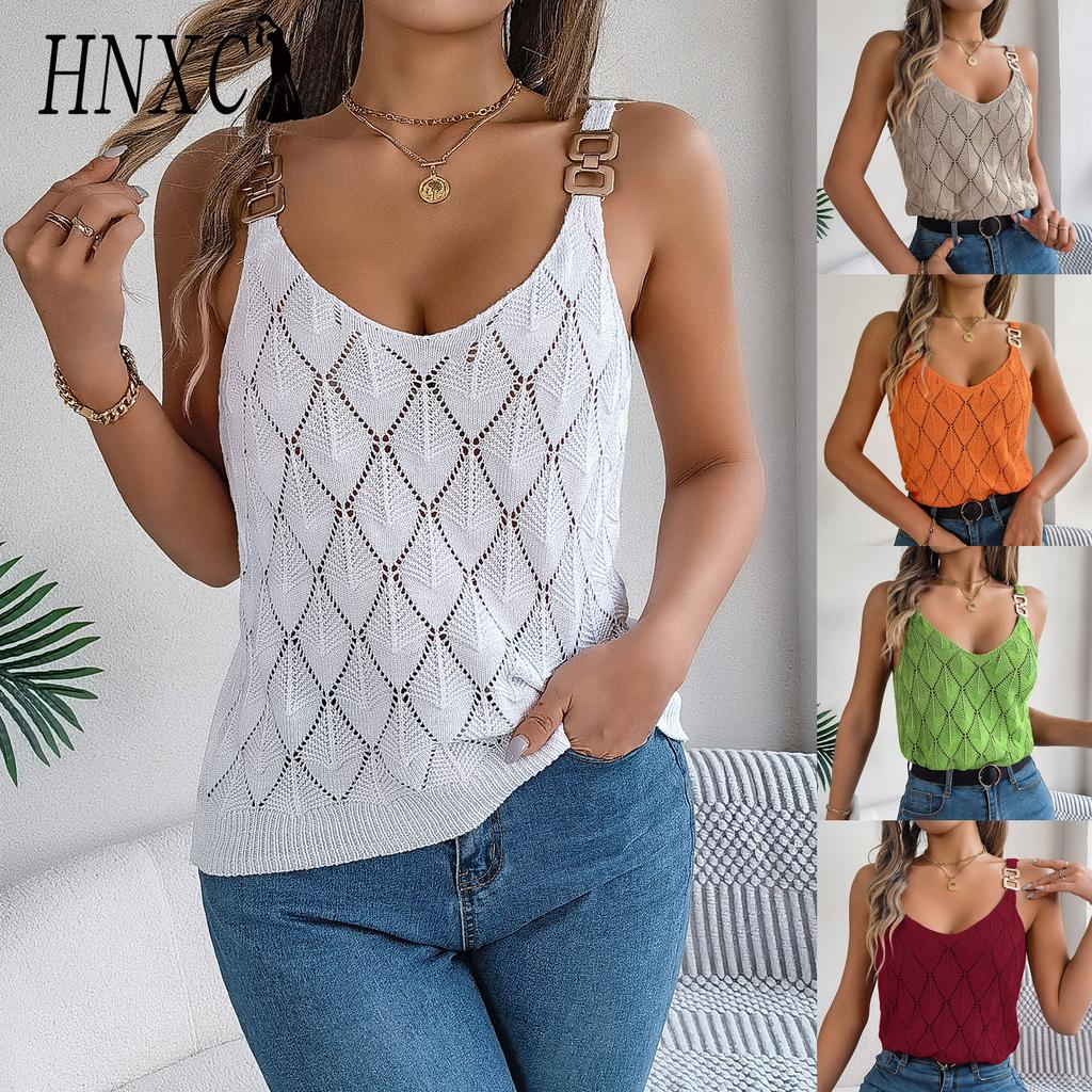 HNXC Spring Summer V-neck Hollowed-out Metal Buckle Halter Knitted Sweater for Vacation Women