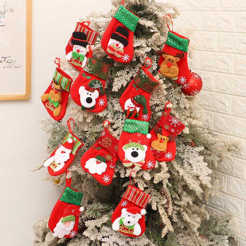 Mini Christmas Stocking Gift Bag Cartoon Santa Snowman Elk Bear Sequin Xmas Sock Ornament Tree Hanging Decor