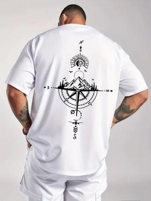 Nueva camiseta de verano para hombre de tejido de poliéster casual deportiva holgada retro con estampado de brújula cómoda de cuello redondo manga corta