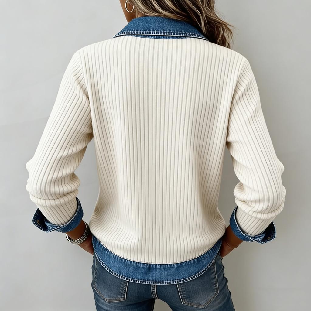 Dámský džínový límec Patchwork Pletený Falešný Dvou dílný V-výstřih Žebrovaný Dlouhý rukáv Ležérní Top