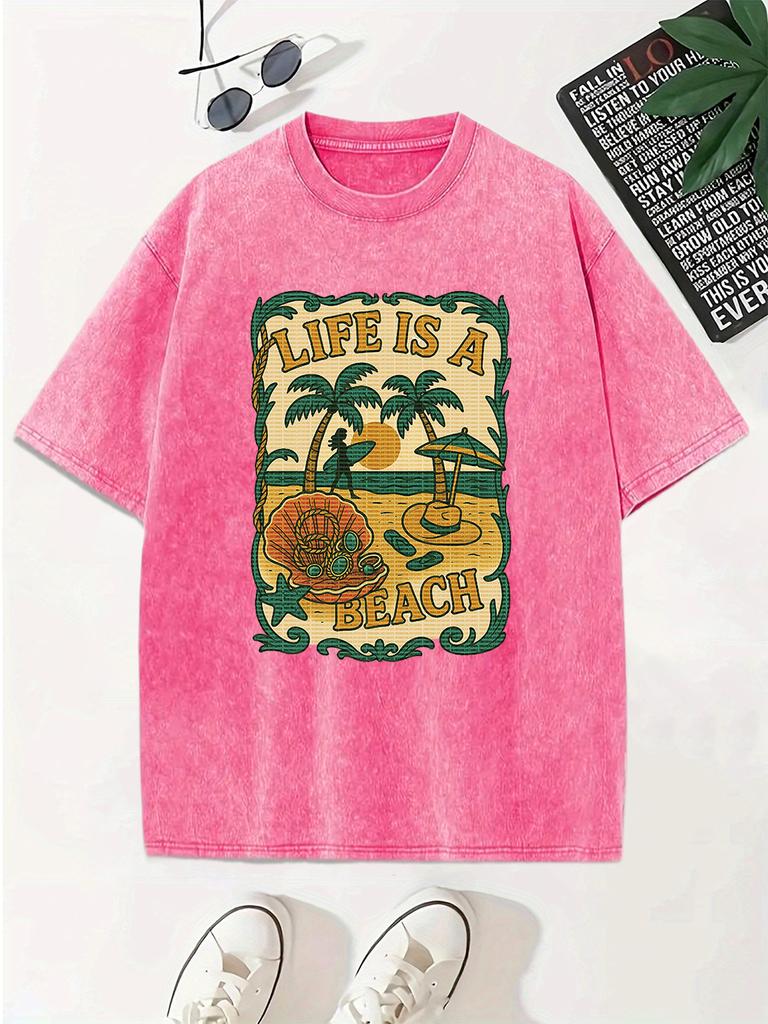Life Is A Beach Printed Washed TShirt Women Cotton Oversized Tops Comfortable ONeck Distressed T Shirt Summer Womans Clothes