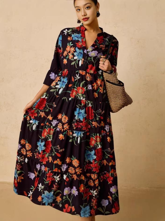 

Plus Size Floral V-Neck Long Sleeve Maxi Dress | Loose Fit for Spring/Summer/Casual 1XL чорний
