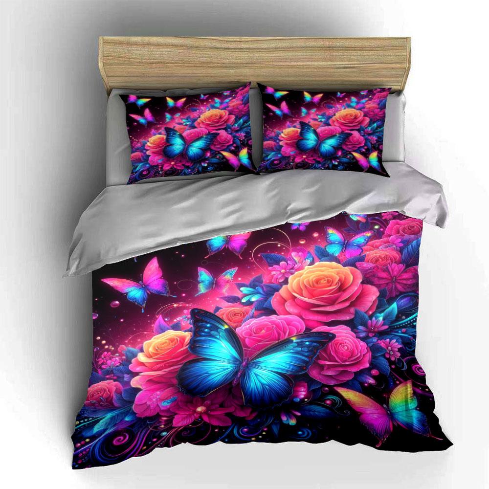 Colorful Butterflies and Roses Bedding Duvet Cover Set Duvet Cover Pillowcases (1 * Duvet Cover 2 * Pillowcases, without duvet insert)