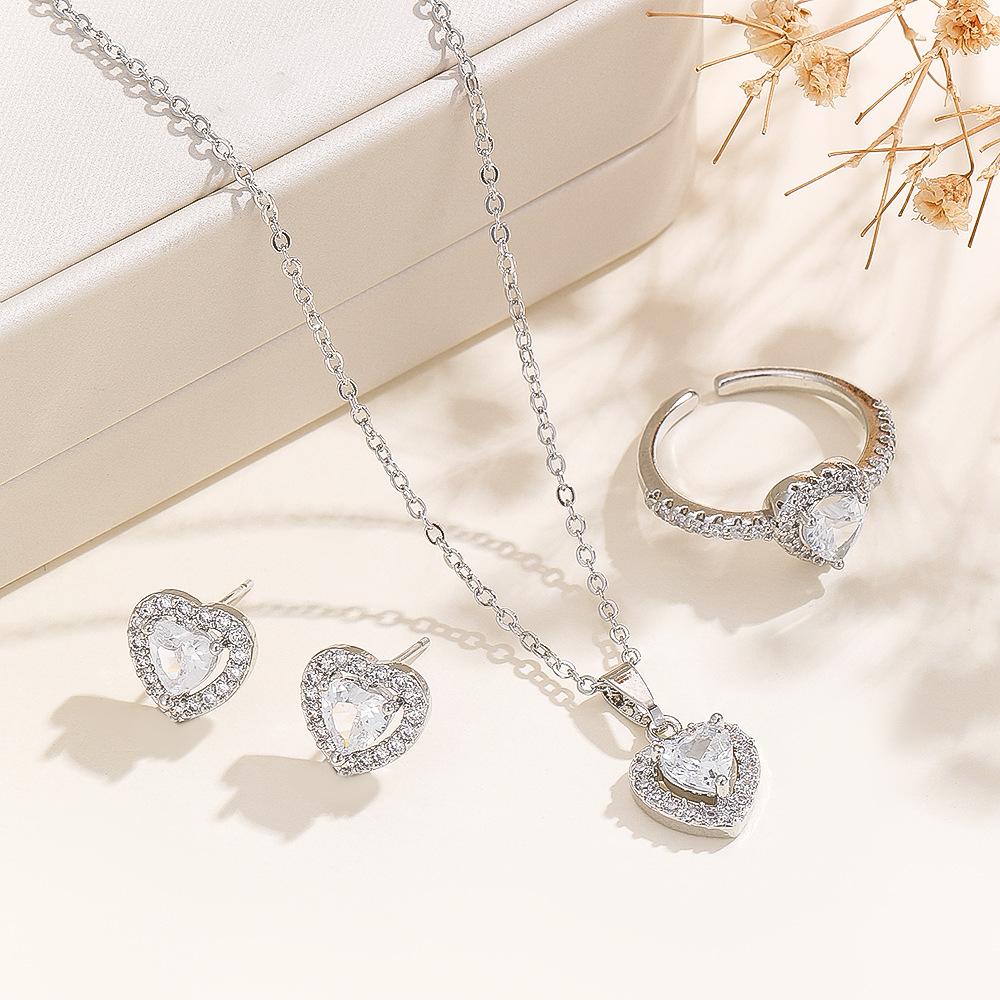 Fashion Wedding Jewelry Set For Women Crystal Heart Pendant Necklace Ring Stud Earring Bride Engagement Jewelry Gift