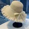 Women Sweet Lace Trim Large Brim Straw Sun Hat For Summer Beach Vacation