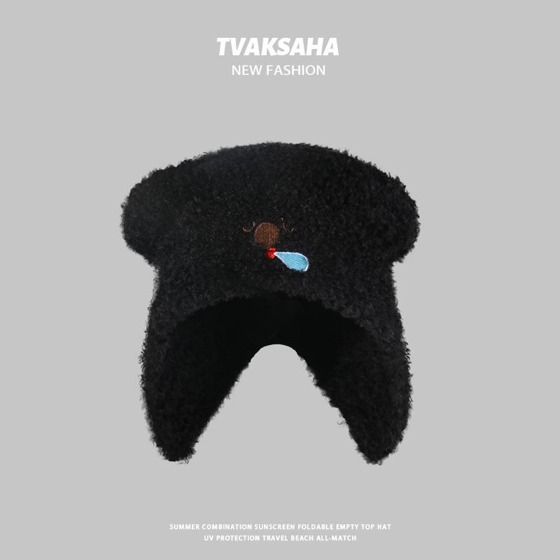 New Hat for Women's Snot Bear Lace Up Plush Hat Autumn and Winter Ear Protection Warm Pullover Hat Knitted Lei Feng Wool Hat