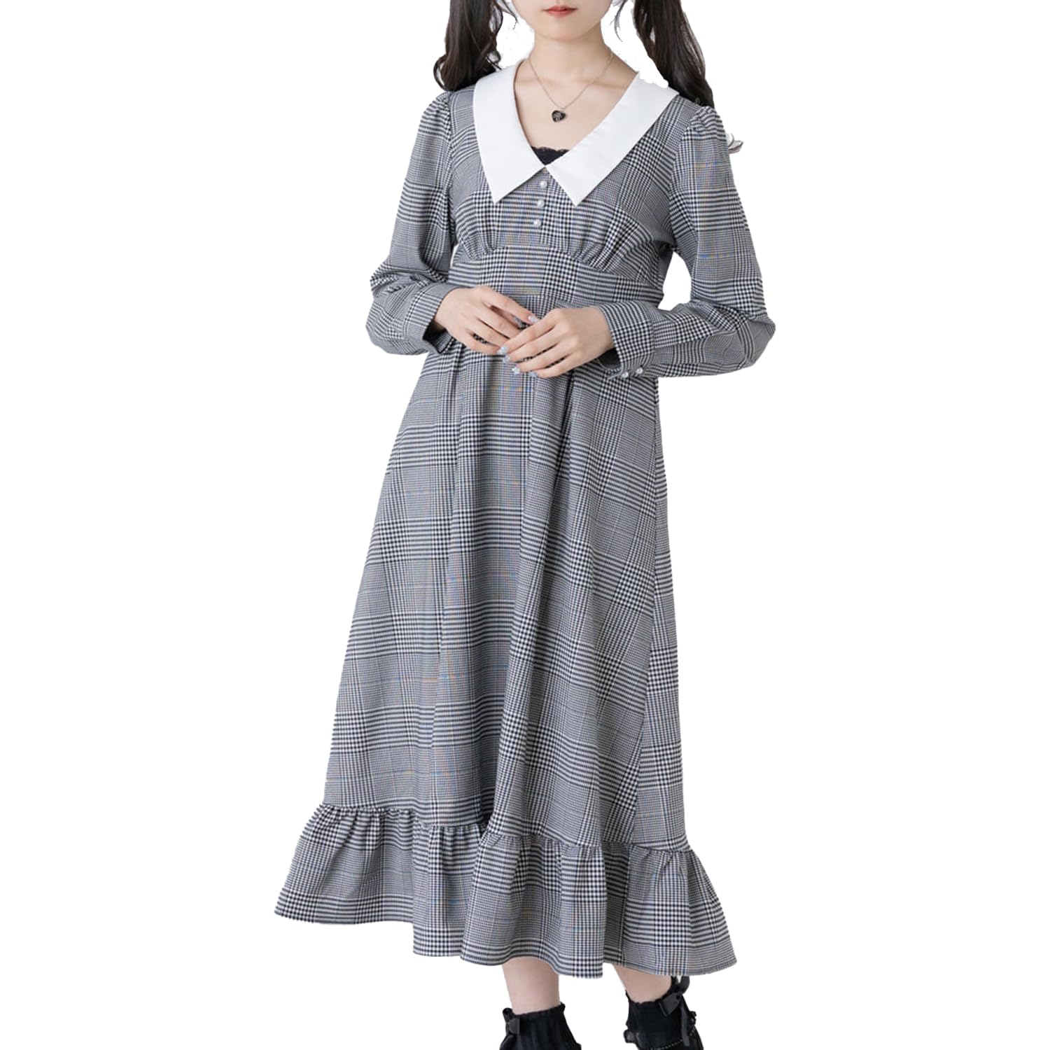 

[Yumetenbo] Landmine-style clothing [Dear My Love] Casual Dress Charlotte Dress Women s Long Black Check Yumetenbo