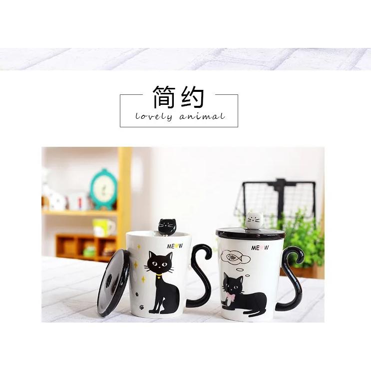 New Cat Tail Handle Mugs Cup Ceramic Coffee Tea Milk Drinkware with Spoon Cover Three in One Lovely Mug Gift