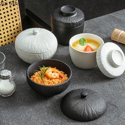 Steingemusterte, mattierte Keramikschüssel mit Deckel, einfarbig, Dessertschüssel, Haferschüssel, Joghurtschüsseln, Suppenschüsseln, Keramikgeschirr