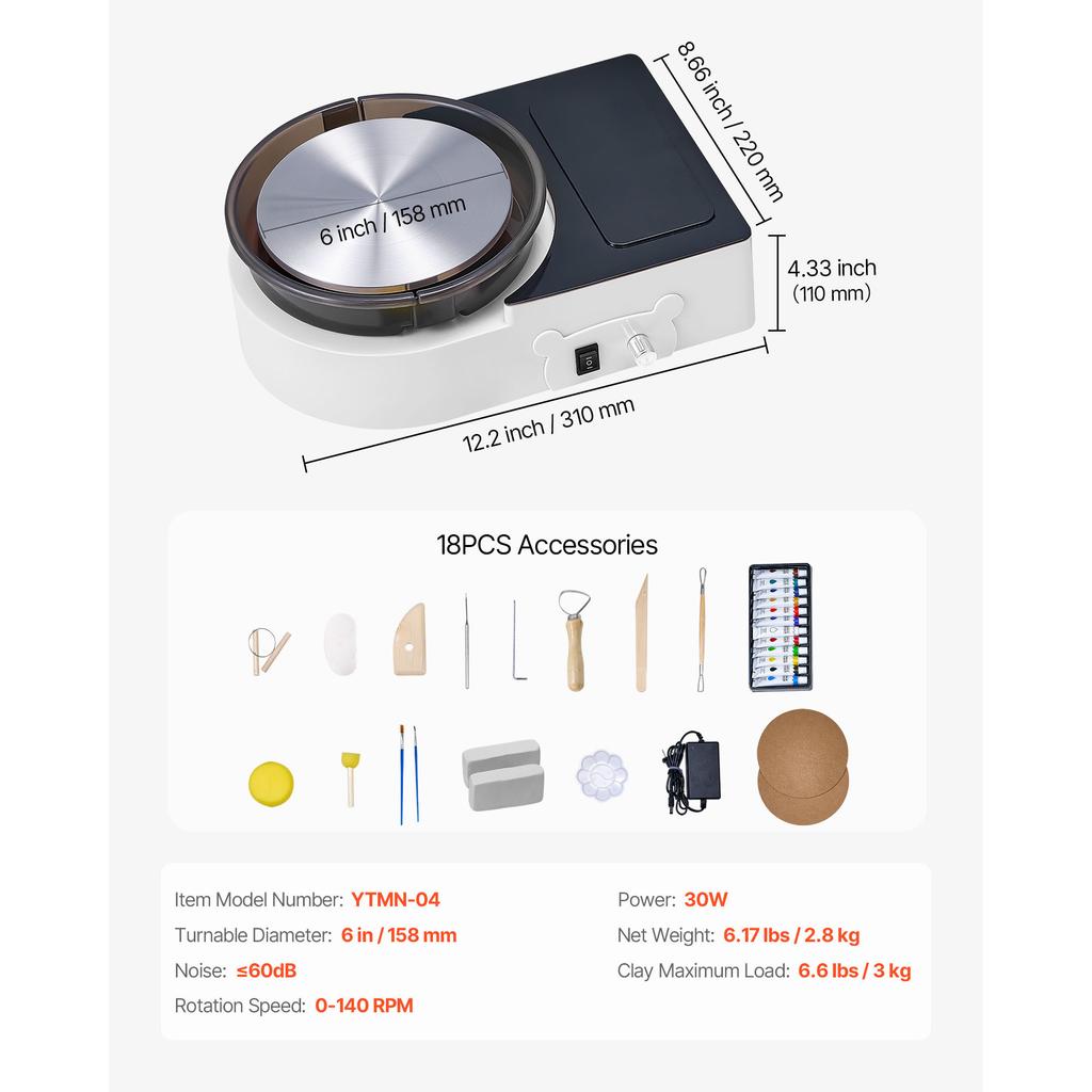 SucceBuy 3/6 Inch Mini Pottery Wheel Turntable Forward Reverse Rotation Adjustable Speed Electric Clay Wheel for Kids and Adults