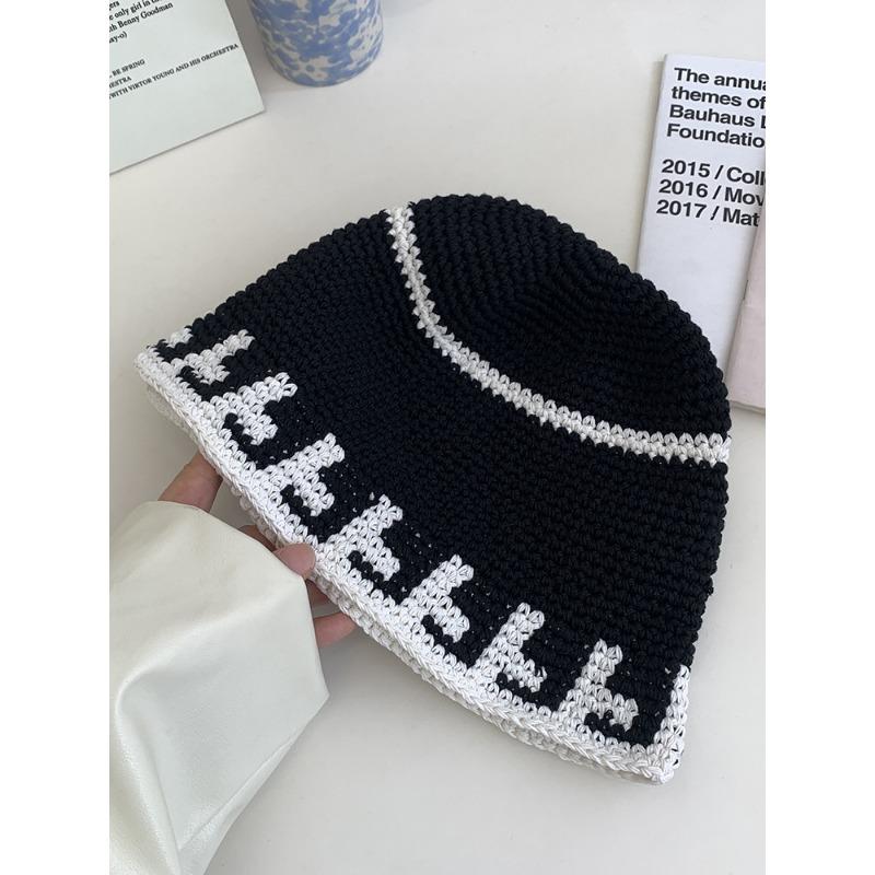 Simple Black and White Handmade Knitted Fisherman Hat for Women Showing Their Faces New Style  Temperament  Bucket Hat  Wool Basin Hat Niche