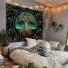 2D Tree of Life Tapestry with Northern Lights Black Background Wall Hanging
