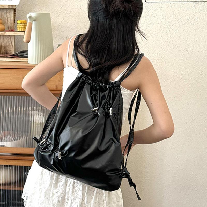 New Silvery Drawstring Double Shoulder Bag Women's Korean Lazy Tote Backpack Lightweight Easy-to-Carry Outdoor Sports Backpack AVE