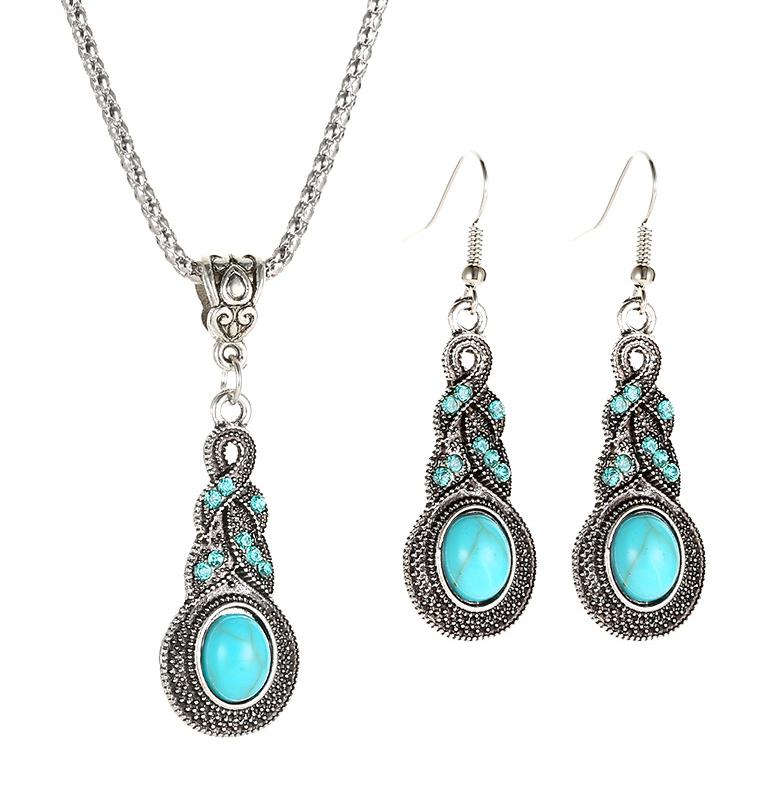 European And American Style New Drop Set Retro Pattern Blue Crystal Zircon Zircon Boho Party Set Necklace Earrings